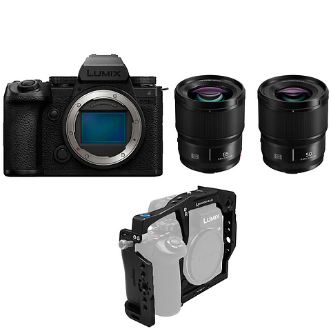 Lumix DC-S5 IIX Mirrorless Digital Camera Body (Black) with Lumix S 50mm f/1.8 Lens, Lumix S 85mm f/1.8 Lens, and Kondor Blue Cage Image 0
